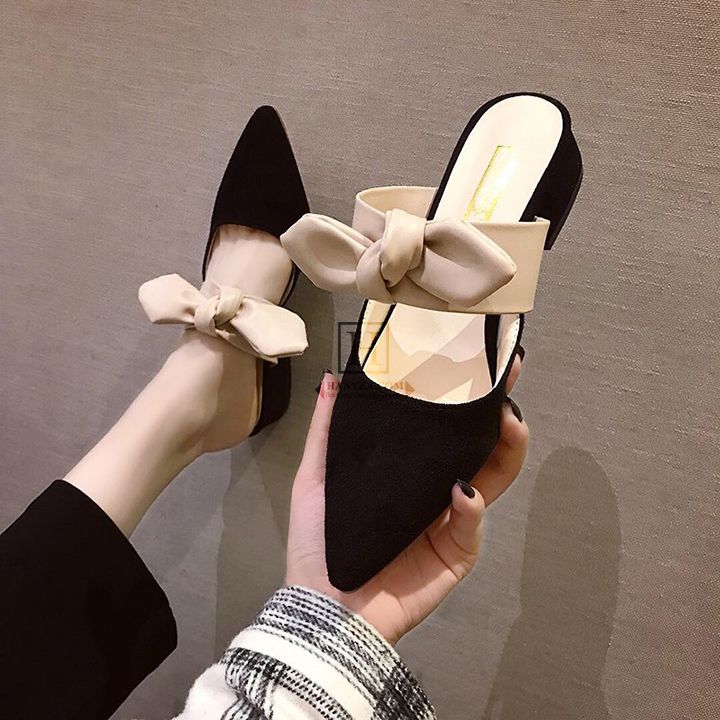 Dép lười nữ da lộn phối nơ