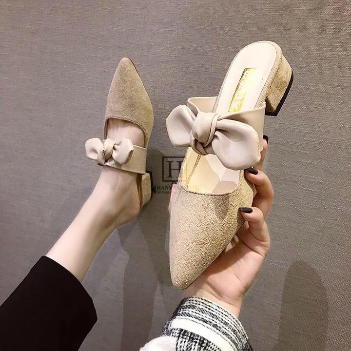 Dép lười nữ da lộn phối nơ