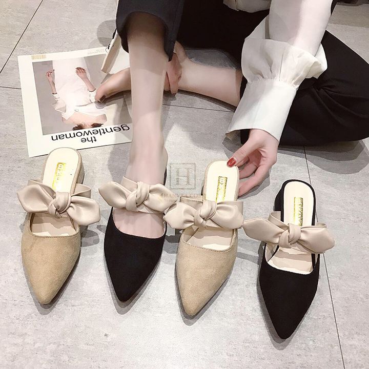 Dép lười nữ da lộn phối nơ