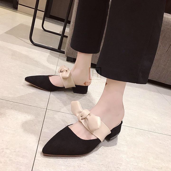 Dép lười nữ da lộn phối nơ