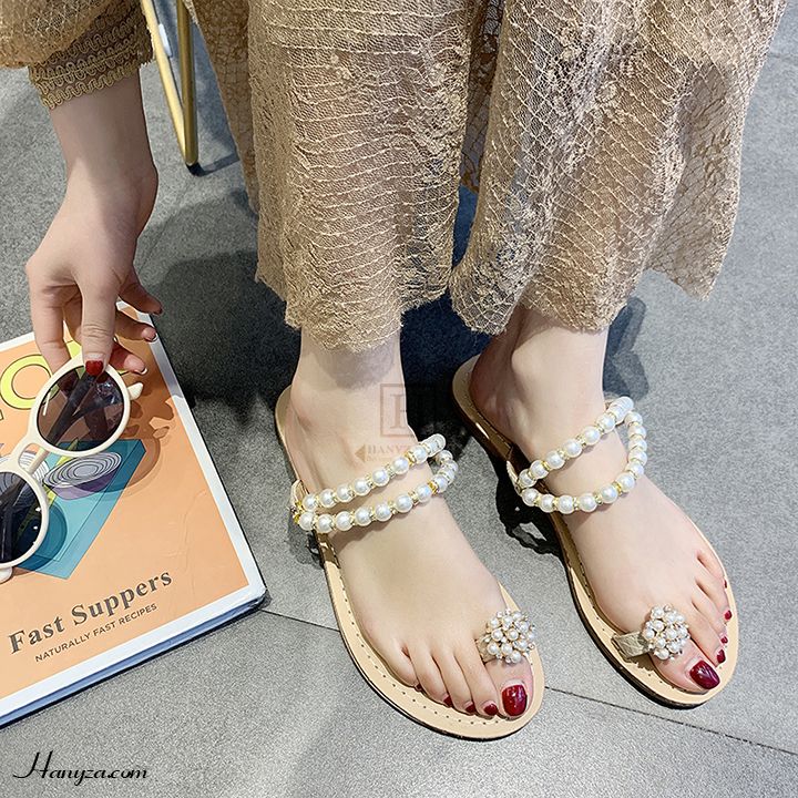 Dép nữ xỏ ngón đế phẳng đính cườm