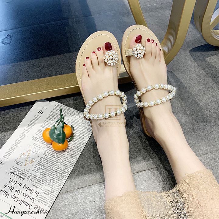 Dép nữ xỏ ngón đế phẳng đính cườm