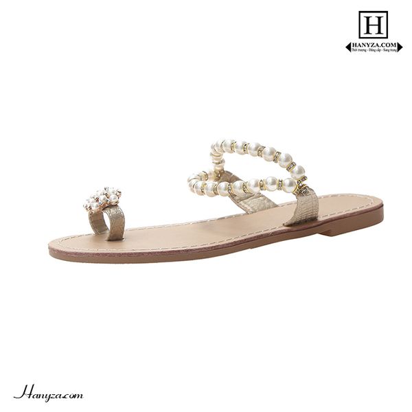 Dép nữ xỏ ngón đế phẳng đính cườm