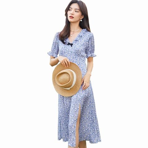 Váy nữ tay phồng xẻ vạt hoạ tiết hoa nhí 1C4990031