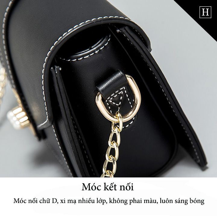 Túi Messenger Nữ Viền Chỉ Trắng Khóa Ngọc Trai