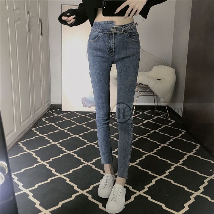 Quần jean nữ ống côn eo cao đai lệch sành điệu