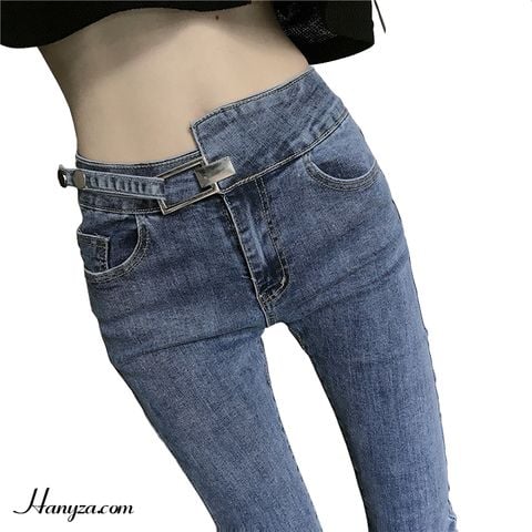 Quần jean nữ ống côn eo cao đai lệch sành điệu