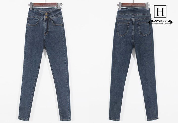 Quần jean nữ chữ W ống bút chì eo cao 2 khuy