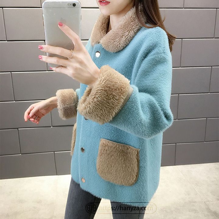 Áo khoác lông nữ dáng suông phối màu