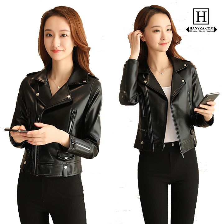 Áo khoác da nữ cổ vest dáng ngắn
