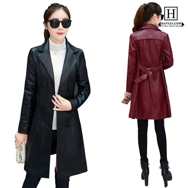 Áo khoác da nữ dáng dài cổ vest phối đai