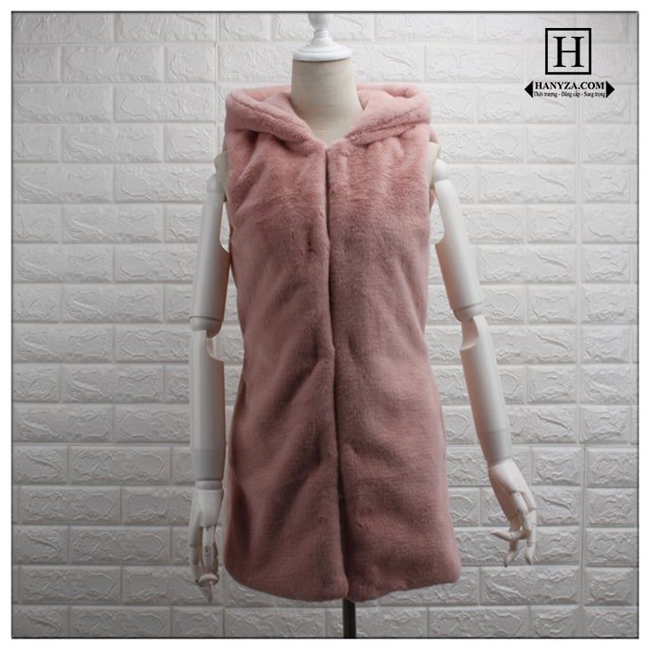 Áo khoác không tay lông thú mũ trùm nữ