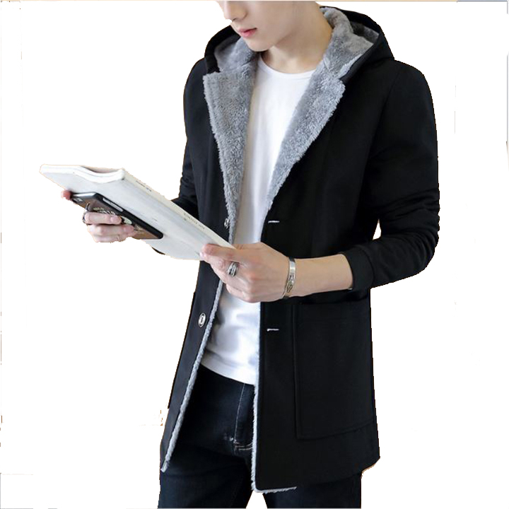 Áo khoác nam dáng dài lót nỉ cổ vest có mũ