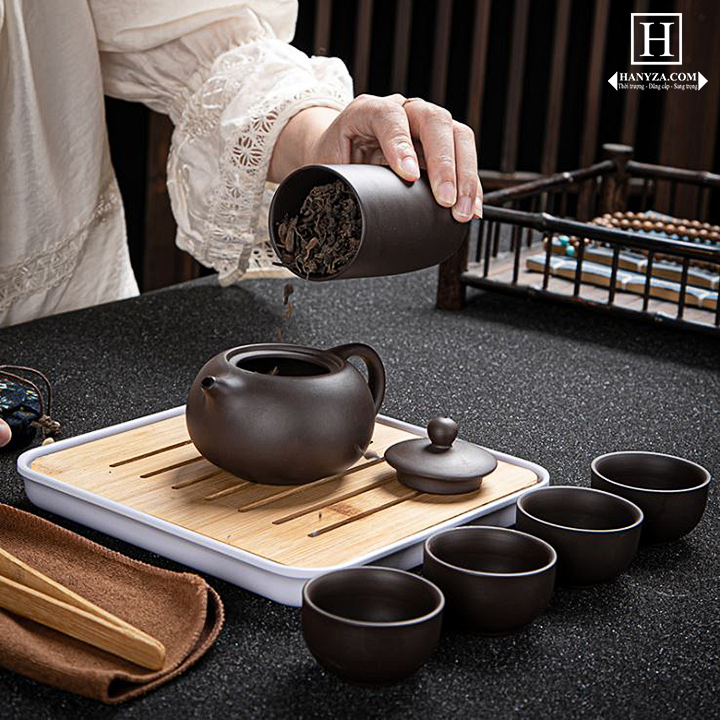 Bộ ấm trà cát tím kèm túi du lịch và hũ trà