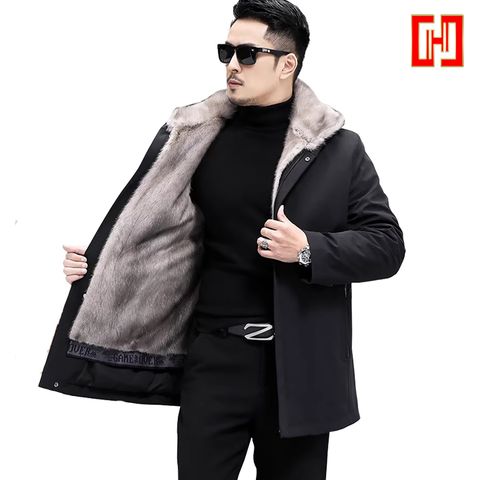 Áo khoác nam trung niên lót lông chồn nhân tạo
