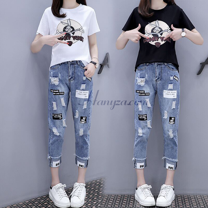 Bộ áo thun + quần denim mài rách nhẹ [OR]