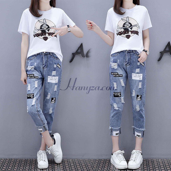 Bộ áo thun + quần denim mài rách nhẹ [OR]