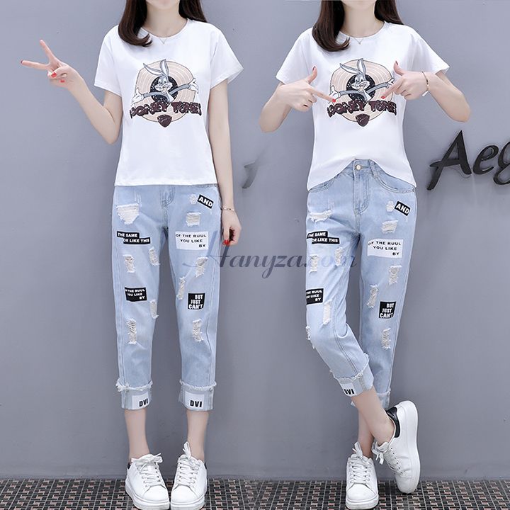 Bộ áo thun + quần denim mài rách nhẹ [OR]