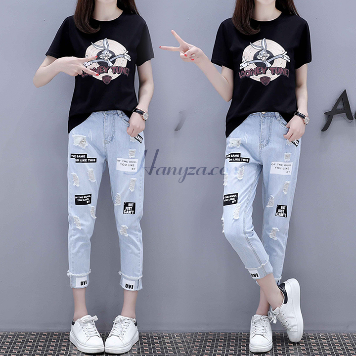 Bộ áo thun + quần denim mài rách nhẹ [OR]