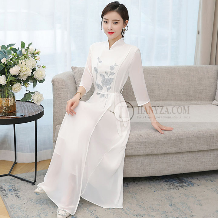 Váy dài nữ cách tân tay voan in hoa hồng xám