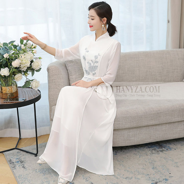 Váy dài nữ cách tân tay voan in hoa hồng xám