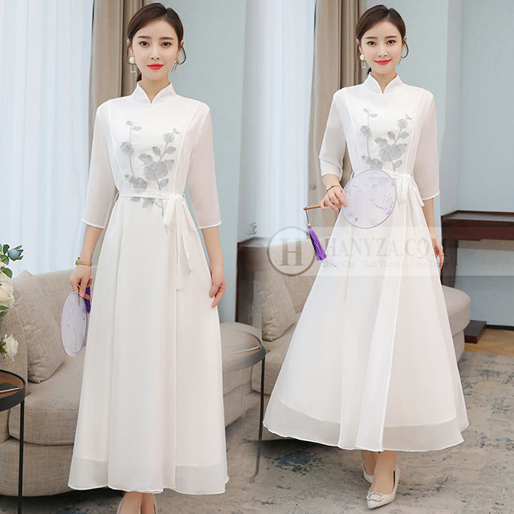Váy dài nữ cách tân tay voan in hoa hồng xám