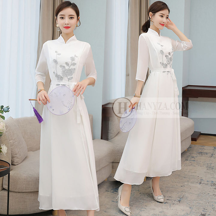 Váy dài nữ cách tân tay voan in hoa hồng xám