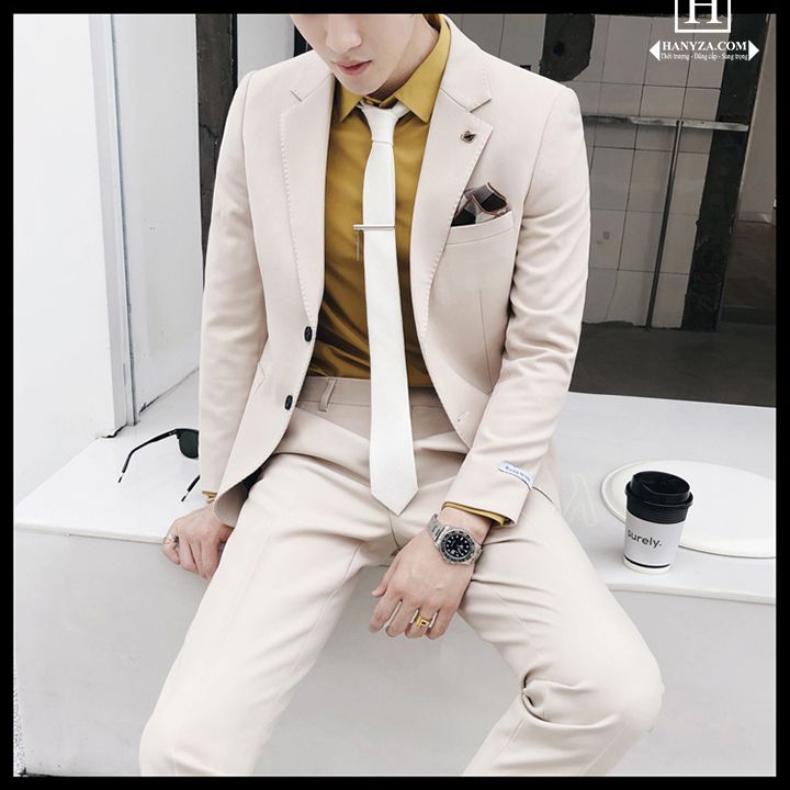 Bộ Vest nam 2 mảnh túi ngang phối huy hiện thiên nga