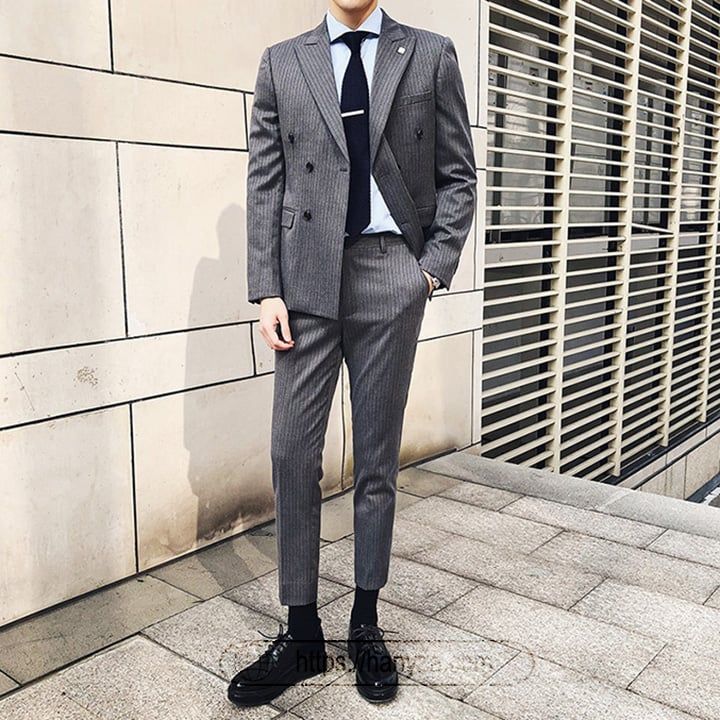 Bộ vest nam mỏng kẻ sọc 2 hàng cúc phong cách doanh nhân