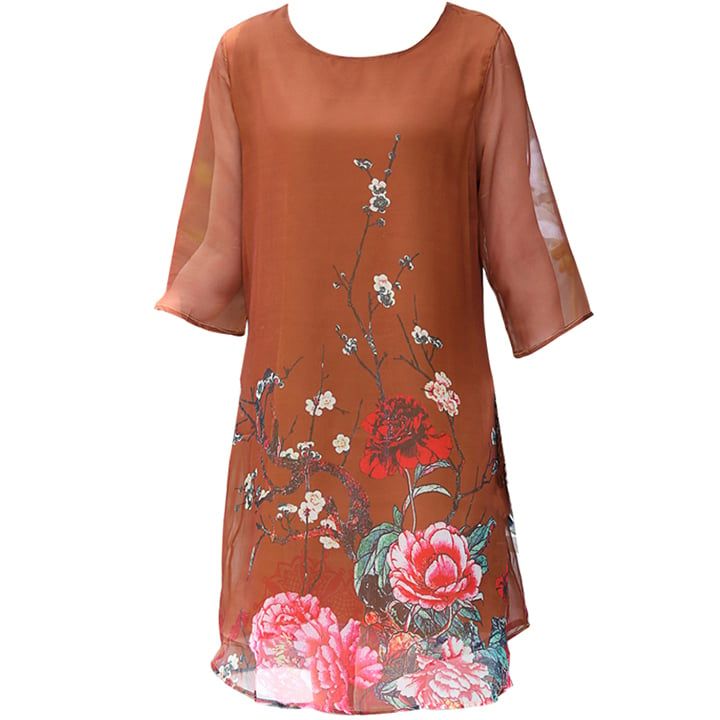 Váy nữ trung niên tay lữ in hoa mẫu đơn