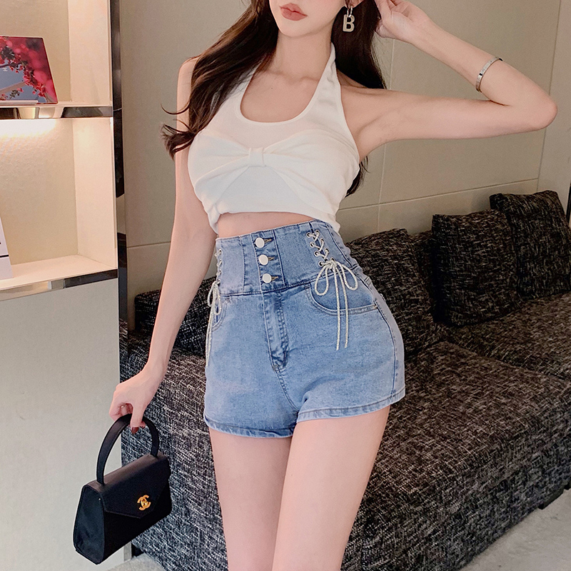 Quần short jean nữ eo cao thắt dây lưng ME1137