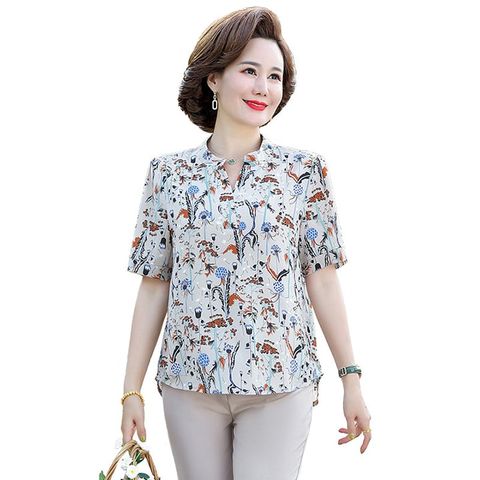 Áo sơ mi nữ trung niên cổ trụ ngắn tay in hoa