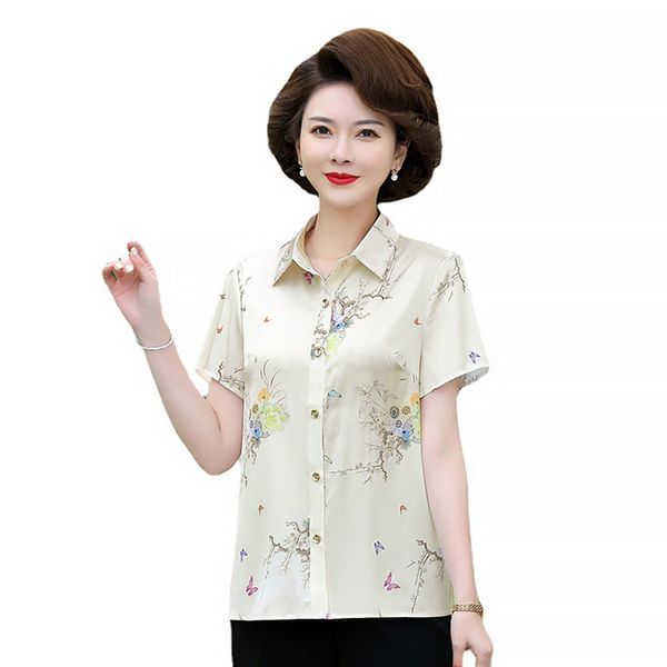 Áo sơ mi trung niên nữ ngắn tay cổ bẻ in hoa