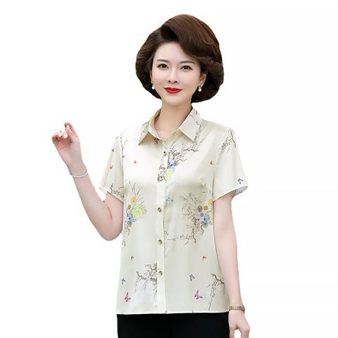 Áo sơ mi trung niên nữ ngắn tay cổ bẻ in hoa