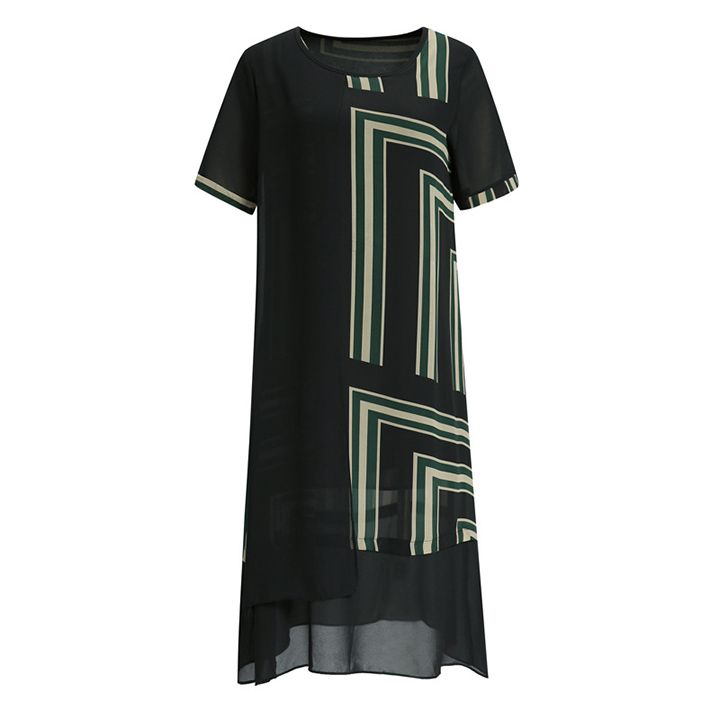 Váy voan 2 lớp nữ trung niên phối họa tiết dáng suông