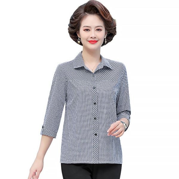 Áo sơ mi trung niên nữ tay lỡ kẻ caro