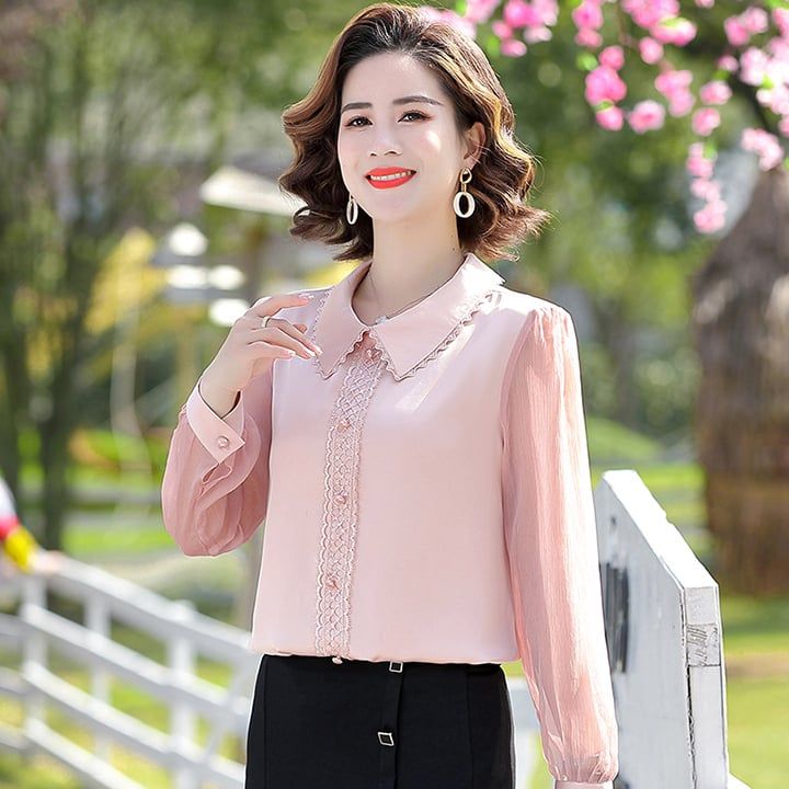 Áo sơ mi trung niên nữ tay voan cổ bẻ 101-6071