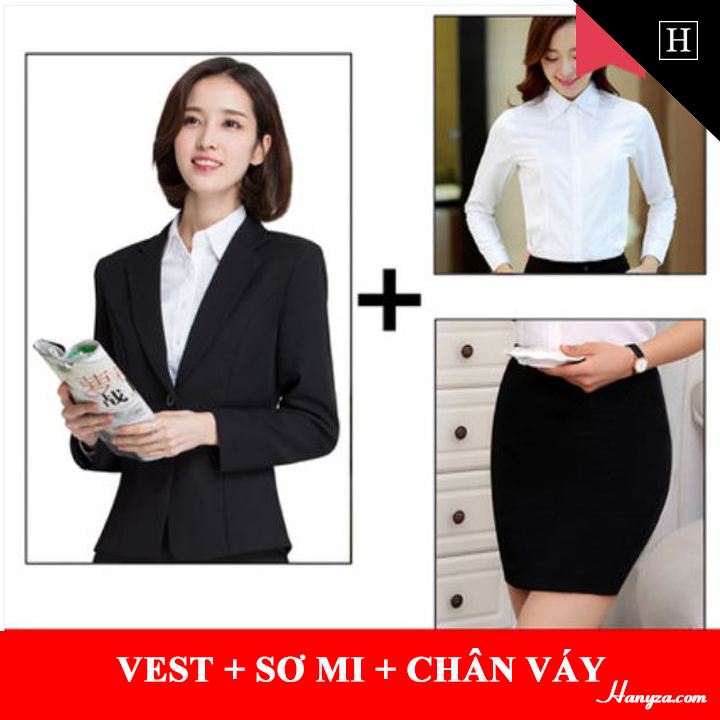 Bộ đồ công sở nữ Thanh lịch ( Áo vest + sơ mi + chân váy + quần âu )