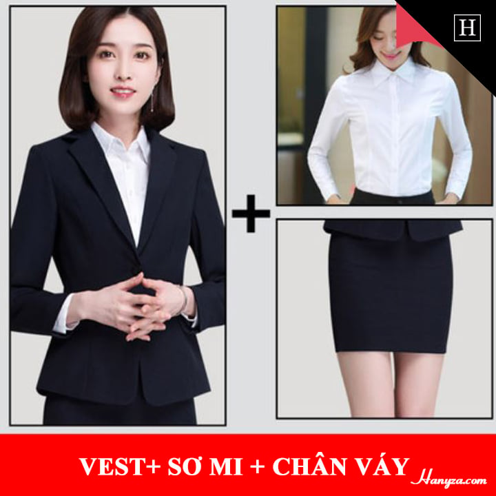 Bộ đồ công sở nữ Thanh lịch ( Áo vest + sơ mi + chân váy + quần âu )