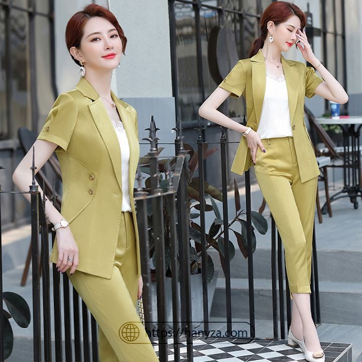 Set Công Sở NK Fashion Áo Cổ Vest Tay Lỡ Kèm Quần Ống Suông Lưng Cao