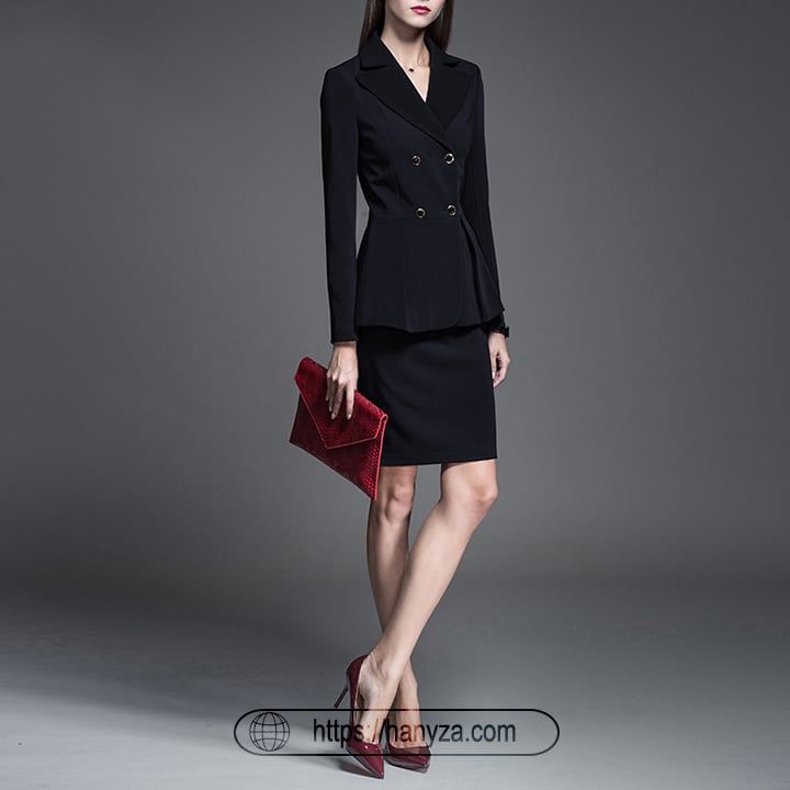 Hanyza cao cấp bộ Vest nữ 2 hàng cúc chiết eo sang trọng