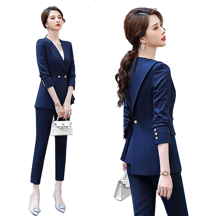 Bộ vest nữ cách điệu vạt lệch nhún bèo