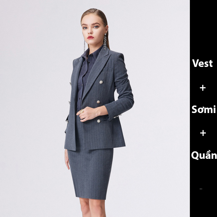 Bộ vest nữ cao cấp xám kẻ sọc phong cách Anh Quốc