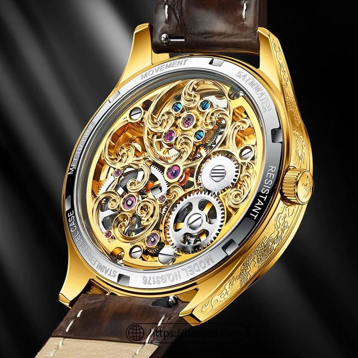 Đồng hồ cơ nam Tourbillon chạm rồng đính đá lộ cơ