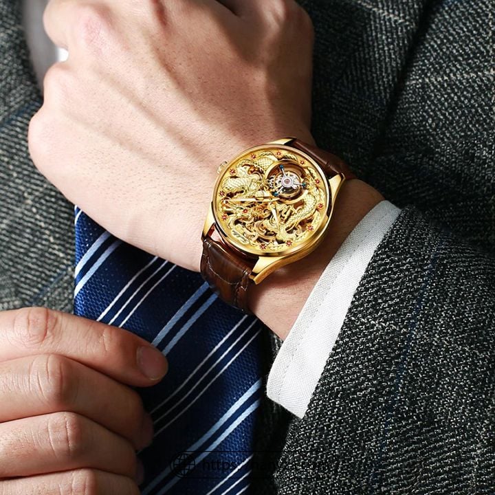 Đồng hồ cơ nam Tourbillon chạm rồng đính đá lộ cơ