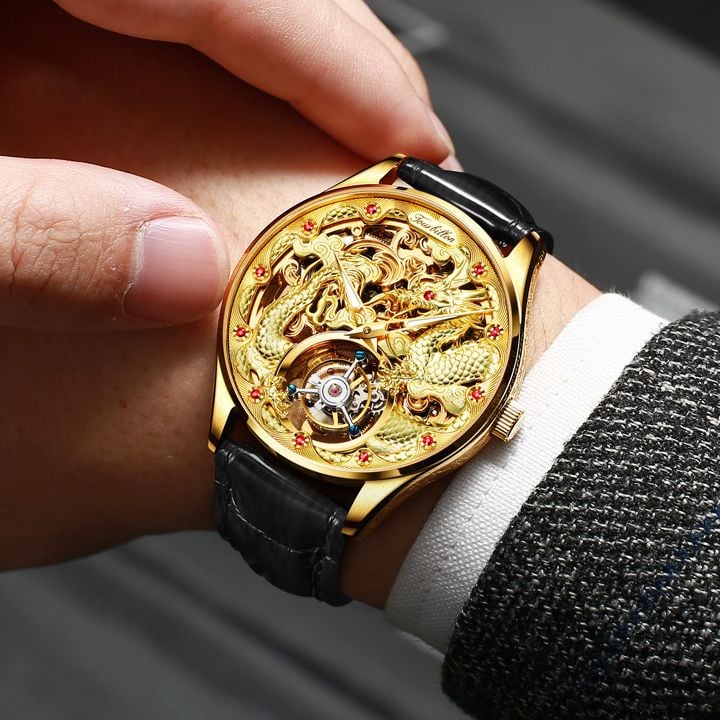 Đồng hồ cơ nam Tourbillon chạm rồng đính đá lộ cơ
