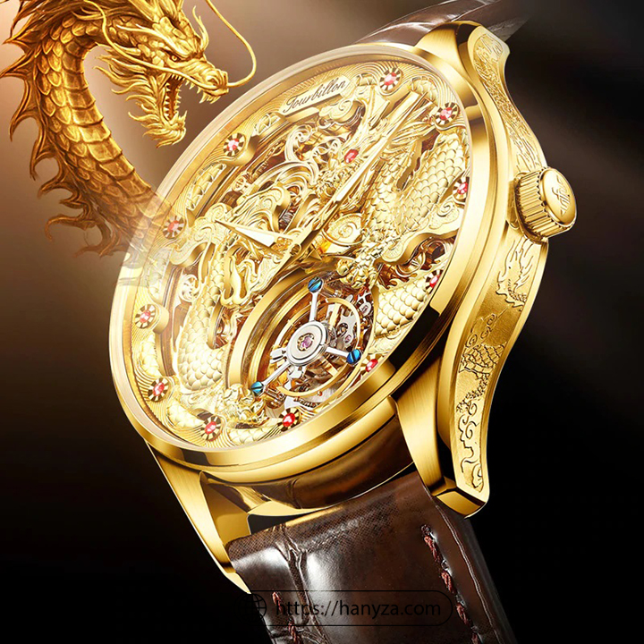 Đồng hồ cơ nam Tourbillon chạm rồng đính đá lộ cơ