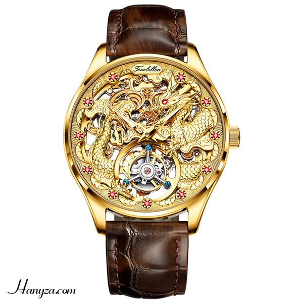 Đồng hồ cơ nam Tourbillon chạm rồng đính đá lộ cơ