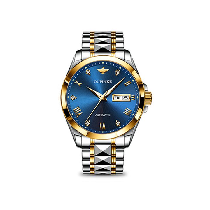 Đồng hồ cơ nam mặt xanh lá dây thép 3D sang trọng