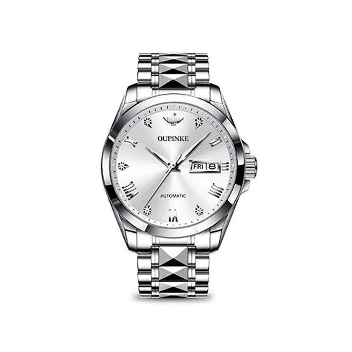 Đồng hồ cơ nam mặt xanh lá dây thép 3D sang trọng